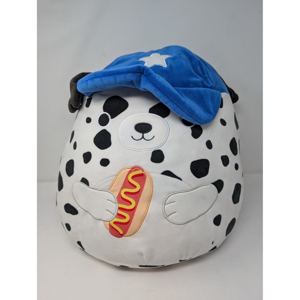 Squishmallows Dustin the Dalmatian 16 Inch Plush Blue Hat Hot Dog Jazwares